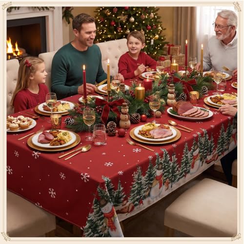 Romanstile Christmas Rectangle Tablecloth 60x102 Inch Red Snowman Design