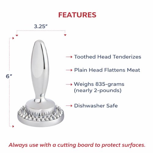 HIC Kitchen Dual Sided Meat Tenderizer Marinating Prep Tool, Chrome-Plated Zinc, 835 Grams, For Flattening Cutlets And Tenderizing Meat