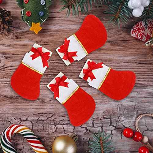 FOIMAS 24pcs Mini Christmas Stockings,Red Felt Christmas Stockings Socks Tableware Holder for Christmas Tree Fireplace Table Home Decoration