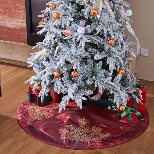 ONGLYP Red 50 Inch Embroidered Pine Branches Christmas Tree Skirt - Deluxe Holiday Decor
