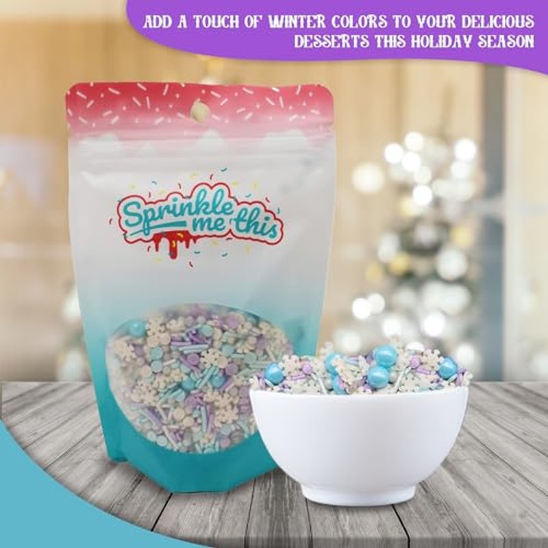 Let it Sprinkle - 4 Oz Resealable Bag - Winter and Christmas Themed Sprinkle Mix - Features Teal, Purple, and White Jimmies, Teal Pearls, and White Snowflake Quins - Cake and Ice Cream Sprinkles