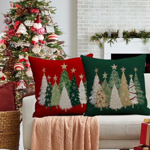 RABUSOFA Christmas Tree Pillow Cover 18x18 Red Stars, 18x18in, Hidden Zipper
