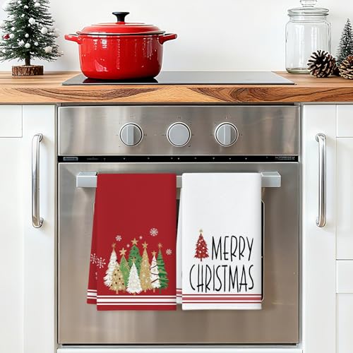 OTOSTAR Christmas Kitchen Towels Set of 2 18x26 Inch Red Tree & Snowflakes Holiday Decor
