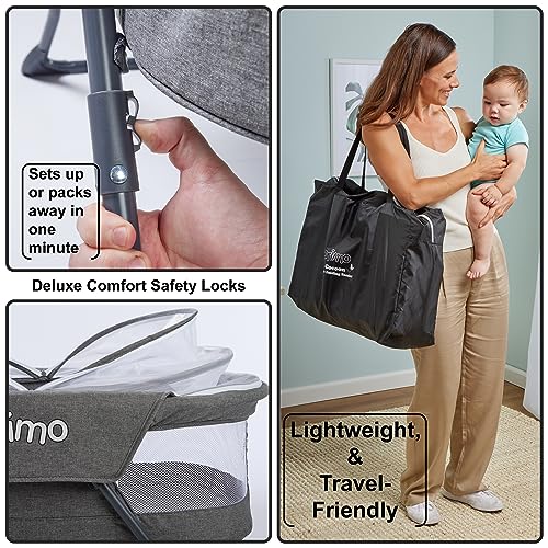 Deluxe Heather Gray Folding Travel Bassinet - Lightweight Baby Bed & Bedside Crib with Mesh Canopy