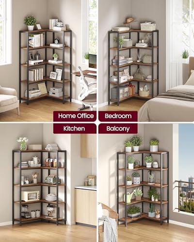VASAGLE Rustic Brown & Ink Black 5-Tier Corner Bookshelf, 40.2 x 9.4 x 55.9 in, Convertible Storage Solution