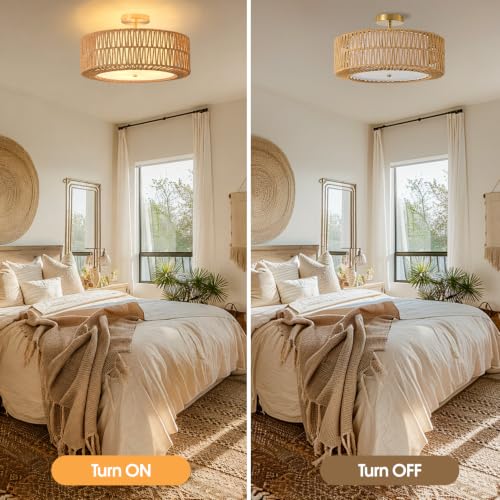 17.7 Inch Rattan Boho Ceiling Light with Fabric Diffuser - Brown, 3-Light Flush Mount