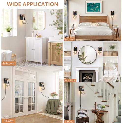 Black Vintage Wall Sconces Set of Two — Wood & Metal Farmhouse Indoor Lighting
