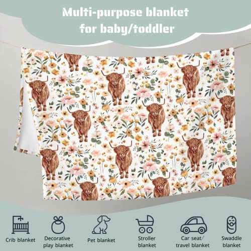 HawSkgFub Highland Cow Floral Boho Retro Baby Blanket Girls Gift, Western Farm Animal Yak Flower Flannel Fleece Nursery Bed Blankets, Soft Lightweight Newborn Infant Toddler Kid Crib Bedding 40 x 50