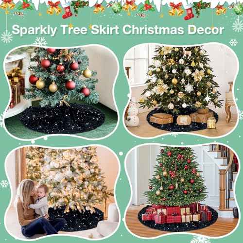 Black Christmas Tree Skirt Velvet 36 Inches Round Glittery Sequin Tree Skirts Xmas Tree Base Cover Mat Outdoor Tree Skirt Christmas Black Halloween Tree Decorations for Family Party Decor