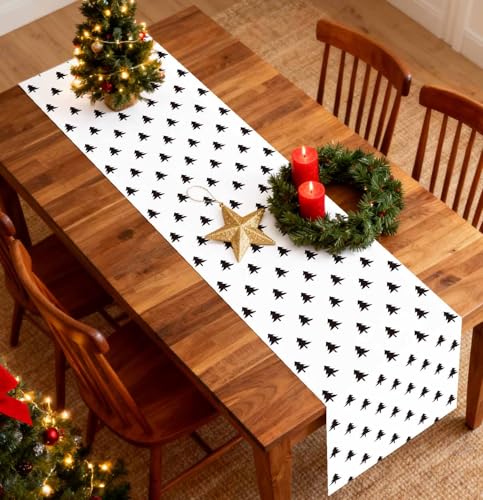 12 Pack Christmas Table Runner Plastic Holiday Decor 14 x 108 Black with Christmas Trees