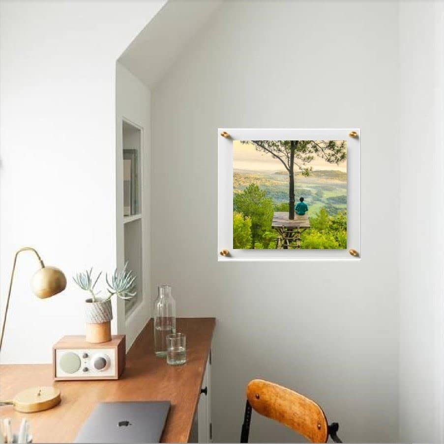 (8" x 8") Clear Acrylic Wall Mount Floating Picture Frame with (Gold Standoffs) Frame-less Double Panel Plexiglass Display for Photos Artwork Posters Paintings (Full Frame is 10" x 10")