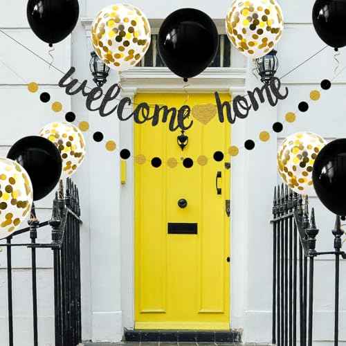 Welcome Home Decorations Glitter Welcome Home Banners Balloons Set Party Pennant Bunting Garland for New Home Family Birthday Christmas Wedding Boy Girl Baby Shower Hanging String Flag Black Golden