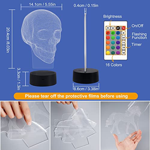 FULLOSUN Skull 3D Lamp Optical Illusion Night Light, Death Model Holiday Gift for Holloween Ghost Festival, Men Room Night Light with Remote Control 16 Colors Changing