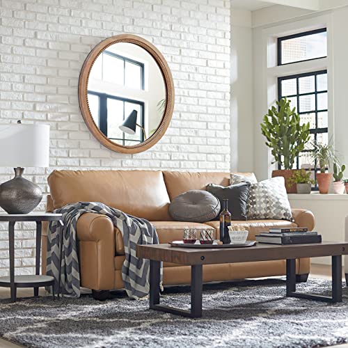 24-Inch Rustic Wood Circle Farmhouse Wall Mirror - Boho Bathroom Decor, Nature Finish
