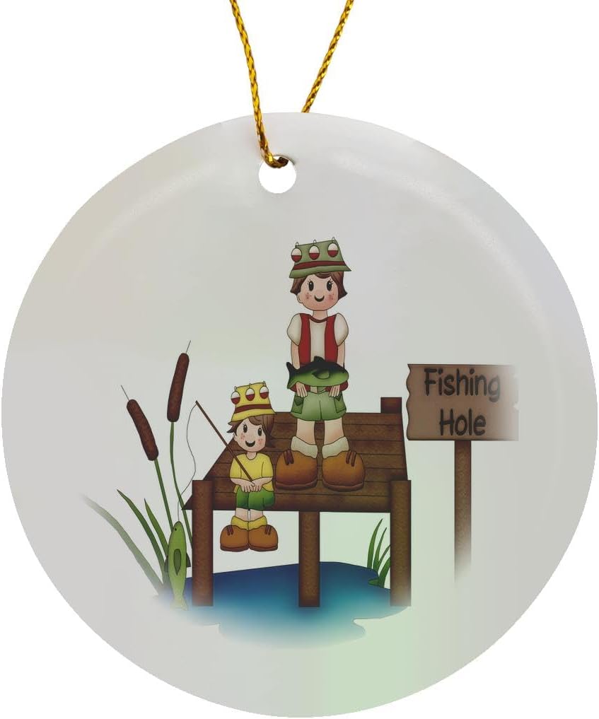 3DRose Dad & Son Fishing Snowflake Ornament - 3-Inch Porcelain Holiday Decor