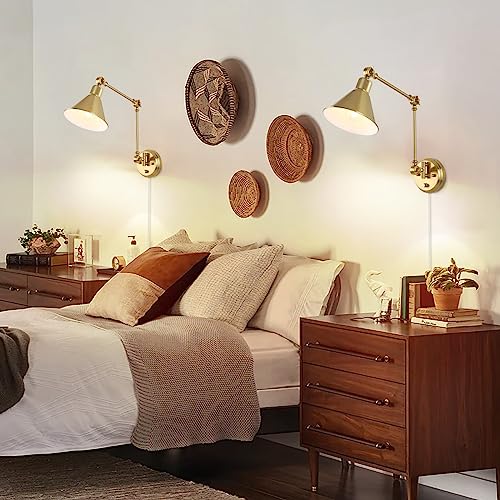 Gold Wall Sconce with Remote Control, Dimmable & Adjustable Color Temperature 2700K-6000K, Swing Arm Plug-In Light - 2 Pack
