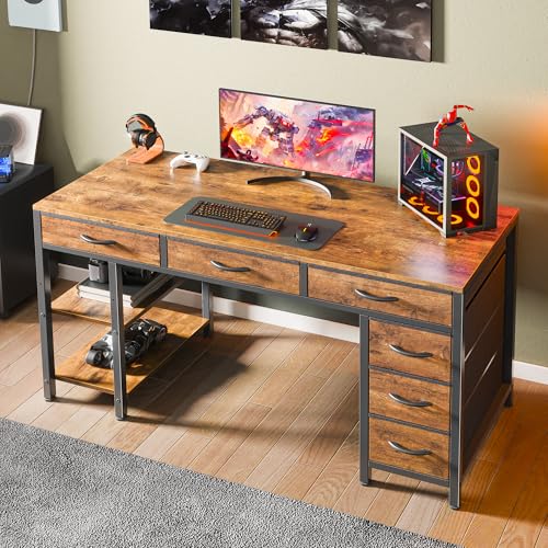 Huuger Rustic Brown 47-Inch Reversible Gaming & Office Desk with 6 Drawers