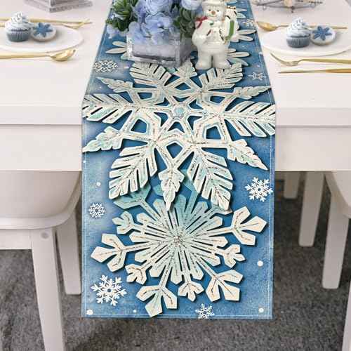 Winter Snowflake Blue Table Runner, Christmas Snow Kitchen Dining Table Decoration, Seasonal Burlap Indoor Outdoor Home Decor Party Supply 13 x 72 Inches