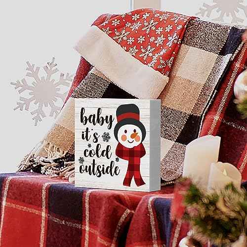 Baby It's Cold Outside Snowman Merry Christmas Tree Wood Box Sign, Farmhouse Christmas Santa Artwork Decor, Wood Square Sign Desk Block Signs Home Shelf Office Decoration 5 x 5 Inches