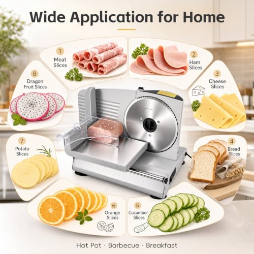 200W Electric Meat Slicer Machine for Home Use, Food Deli Slicer with Adjustable Thickness