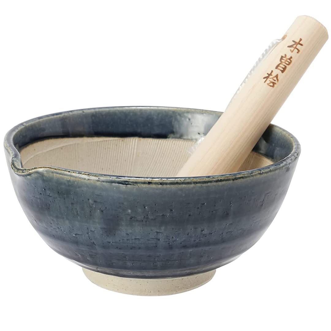 TIKUSAN Ceramic Ripple Ridge Mortar & Pestle (Suribachi & Surikogi) Set with Spout Made in Japan Mino Ware (Medium Black)