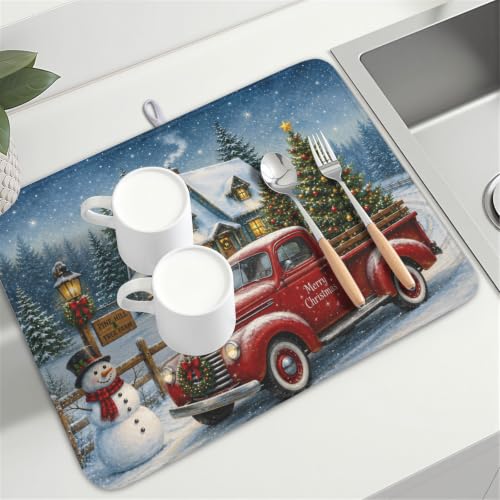 ABSOP Xmas Truck Snowman Dish Drying Mat 18x24 Inch - Microfiber Kitchen Counter Protector