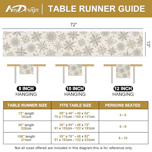 Christmas Winter Table Runner - Gold Silver Snowflake Decor 13x72 Inch