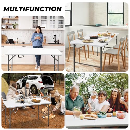 4ft Portable Folding Table - Indoor Outdoor Plastic Dining & Picnic Table with Handle