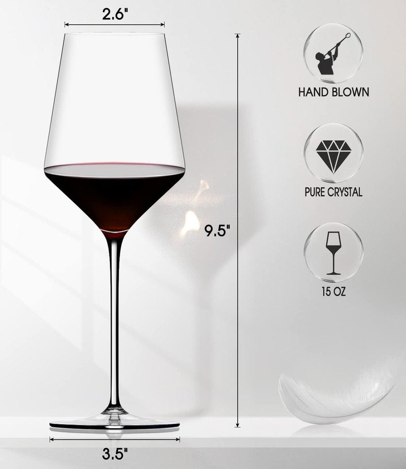 Red Wine Glasses Set of 2, Premium Crystal Wine Glasses Hand Blown, 15 oz,Thin Rim,Long Stem,Perfect for Red or White, Daily Use,Unique Wedding Anniversary Birthday or Birthday Gift