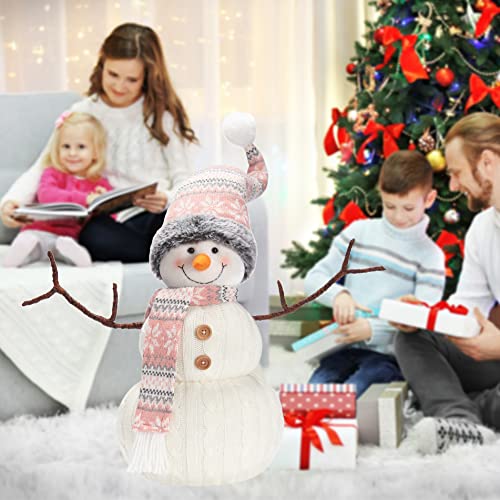 WORLDECO Pink Hat Snowman 27.5in Christmas Animated Plush Decor, Indoor Holiday Ornament