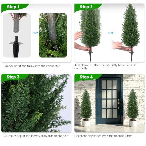 Dark Green 4FT Artificial Cedar Topiary Trees (2 Pack) with Ground Spikes for Garden & Home Decor