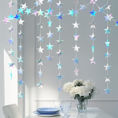 Iridescent Shining Star Hanging Garland Iridescent Hanging Sparkling Star Streamer Glitter Bunting Banner Twinkle Backdrop for Wedding Baby Shower Birthday Christmas Decorations 40 Feet
