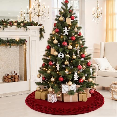TOCHGREEN Red Knitted Christmas Tree Skirt 36 Inches Chunky Cable Knit Rustic Holiday Decor