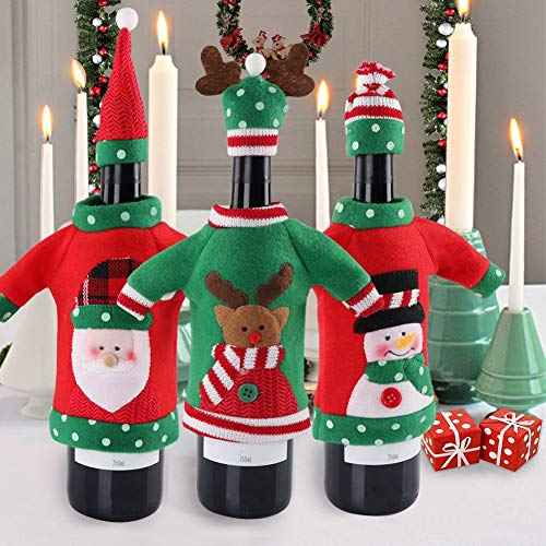PartyTalk 3pcs Ugly Christmas Wine Bottle Covers, Holiday Wine Bottle Cover with Hat for Ugly Sweater Party Decorations