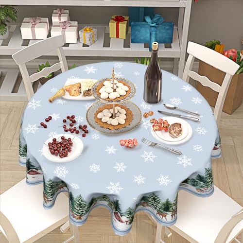 Sweetshow 60 Inch Winter Snowflake Blue Round Christmas Tablecloth with Deer & Squirrel Design