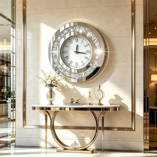 Silver Mirror Wall Clock 20x20in with Sparkle Crushed Diamond Design – Modern Home Decor