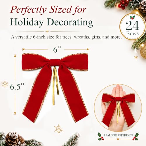 Ironraw 24 Pcs Red Velvet Christmas Bows with Gold Trim, 6x6.5 Inch Holiday Decor Set