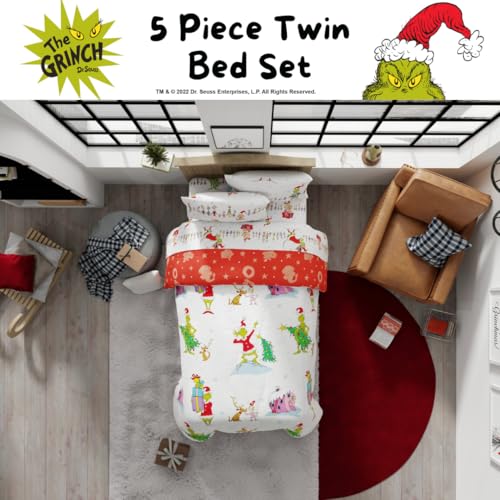 Franco Grinch Holiday Twin Bedding Set with Reversible Comforter, Sheets & Shams - White & Red