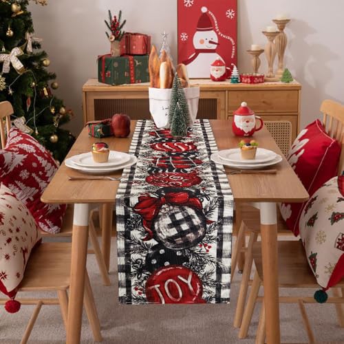 White and Black Buffalo Plaid Christmas Table Runner,Christmas Balls Joy Pine Branch Seasonal Winter Kitchen Tabletop Runner for Indoor Outdoor Dining Table Decoration13x72 Inch