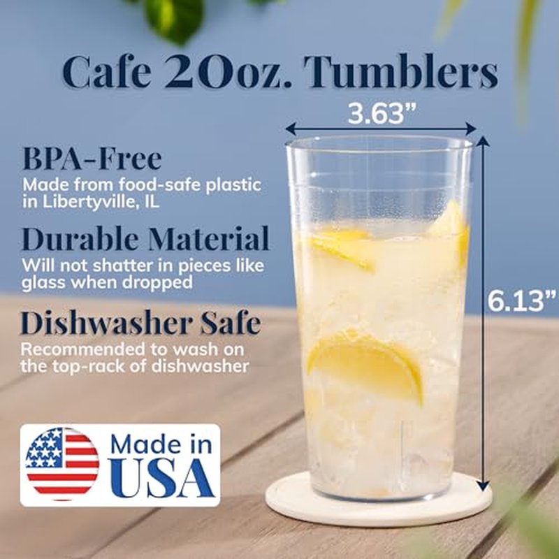 US Acrylic Cafe Plastic Reusable Tumblers (Set of 16) 20-ounce Water Cups Assorted Colors | Restaurant Style Drinking Glasses Value Set, Stackable, BPA-free, Made in the USA | Top-rack Dishwasher Safe