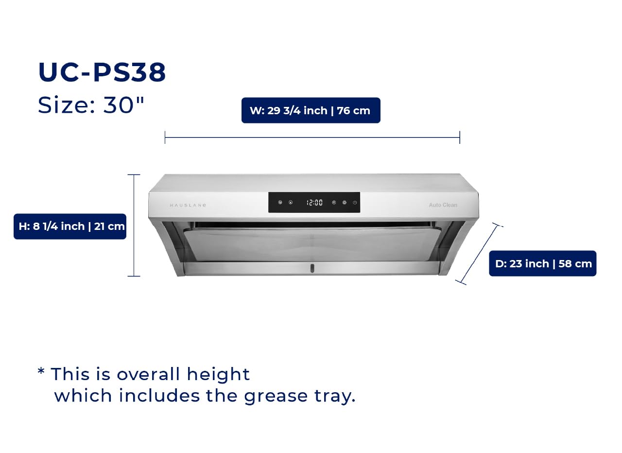 Hauslane Range Hood 30" Under Cabinet, 950 CFM Kitchen Range Hood | Steam Auto Clean Vent Hood, 6 Speed Kitchen Hood with Touch Panel | Stainless Steel Range Hoods Chef Series PS38