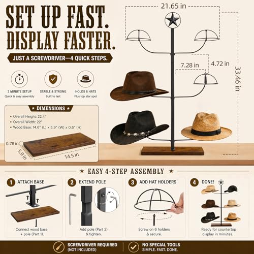 Cowboy Hat Display Stand for 6 Hats Freestanding Countertop Hat Rack