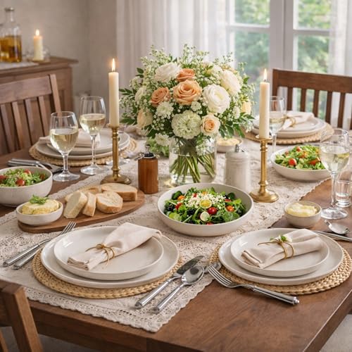 Light Beige Ceramic Dinnerware Set for 4 - 16 Pieces with Plates & Bowls