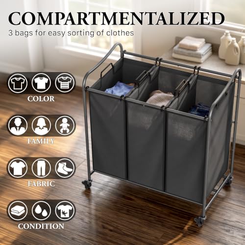 Simple Houseware Heavy Duty Laundry Sorter Cart Dark Grey - Rolling 3-Bag Organizer