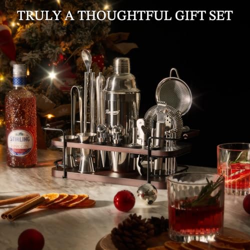 KITESSENSU Silver 24-Piece Cocktail Shaker Set with Stand - Complete Bartender Kit