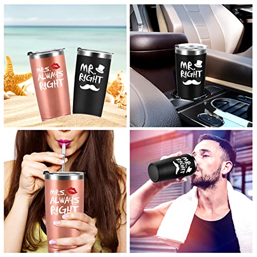 Qtencas Wedding Tumbler Set for Couple Mr. Right Mrs. Always Right Black/Rose Gold - Double Wall Insulated Gift