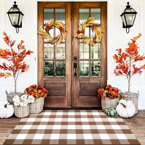 Homydecor Coffee & White Buffalo Plaid Outdoor Rug 4'x6' Farmhouse Welcome Mat
