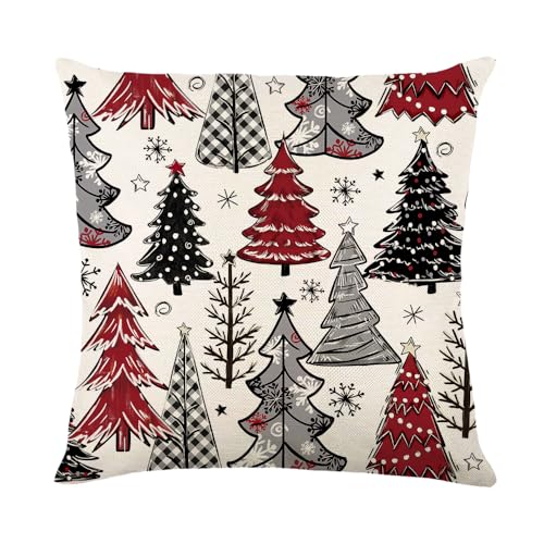 ARPOVIST Christmas Pillow Covers Set of 4 — 18x18 Inch Bow Edition, Red & Black Buffalo Plaid with Trees, Snowflakes & Bow