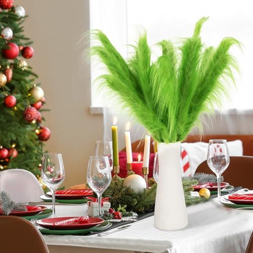 Bosctanuc 12 Pcs Green 14in Furry Pampas Grass Picks Christmas Tree Toppers & Vase Fillers - Lime Green Yuletide Decor (Variant 12)