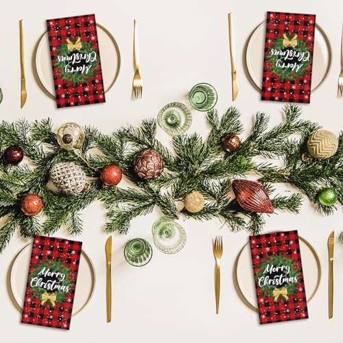 Whaline Buffalo Plaid Christmas Guest Napkins 3-Ply 80Pcs - Red Black Xmas Hand Towels